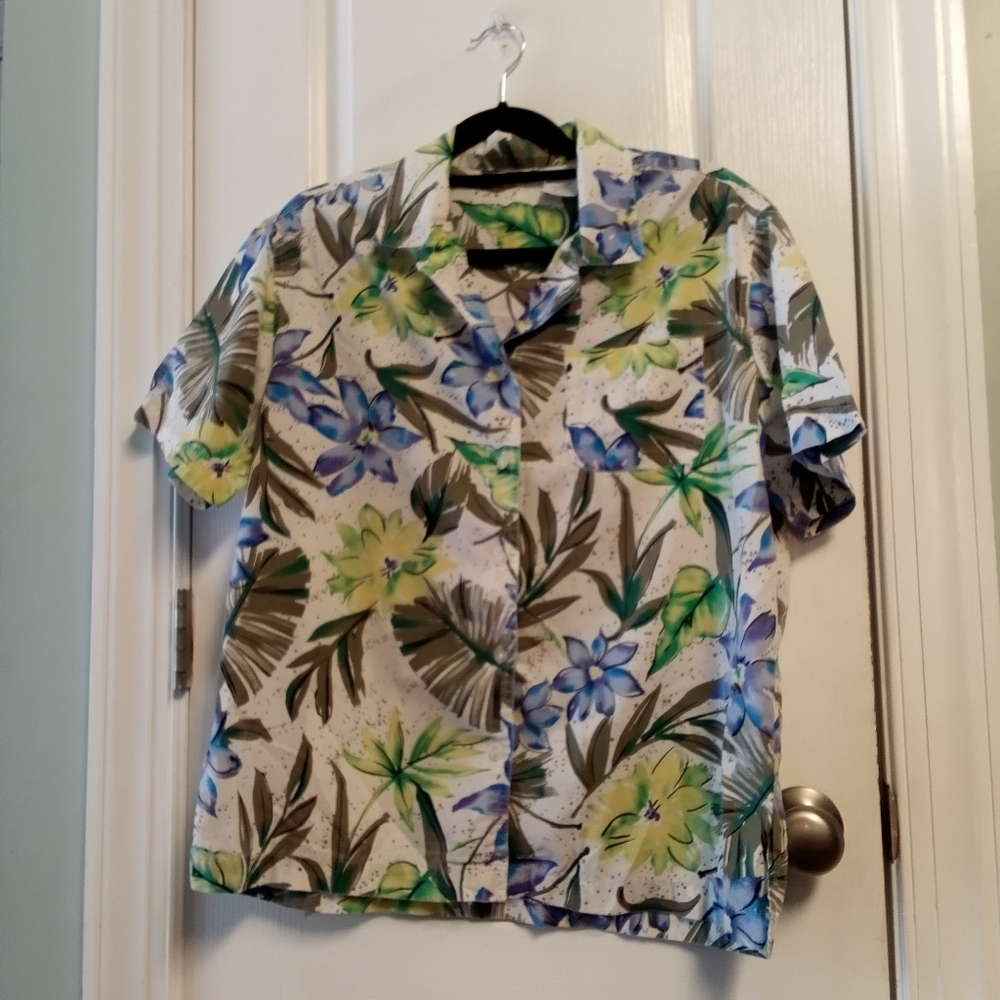 Tropical Floral Art To Wear Button Up Short Sleeve Shirt Women XL Cotton Pocket
